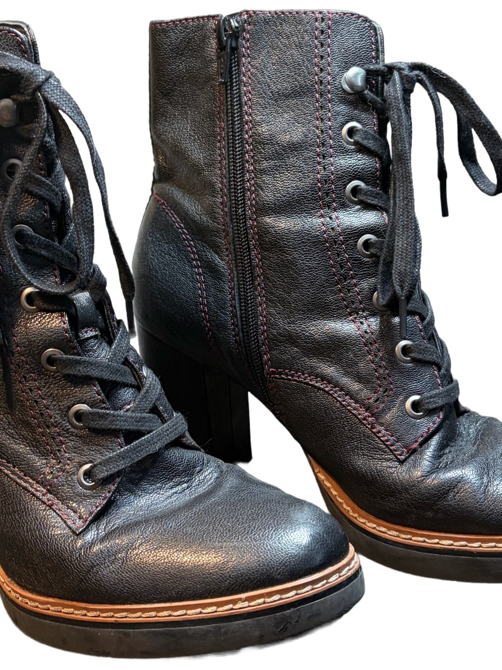 Naturalizer Black Lace-Up Platform Ankle Boots with Brown Trim